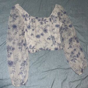 White and Blue Floral Long Sleeve Top - House of Harlow Size M